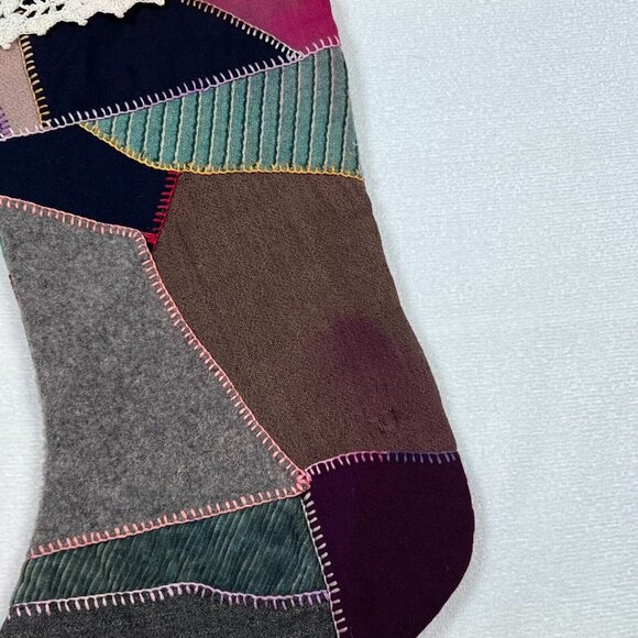 Vintage Crazy Quilt Patchwork Stocking Lace‎ Trim Top Christmas - Picture 7 of 11